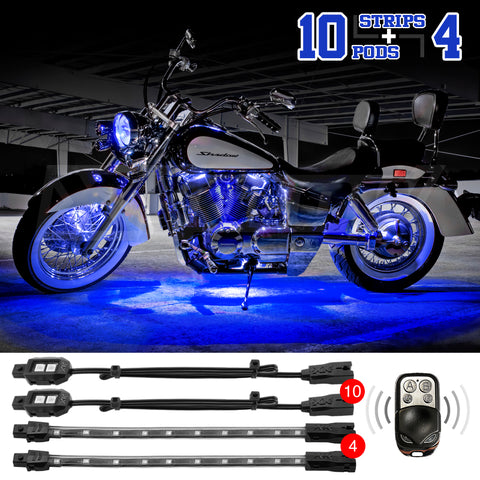 XK Glow Strips Single Color XKGLOW LED Accent Light Motorcycle Kit Blue - 10xPod + 4x8In - XK034002-B