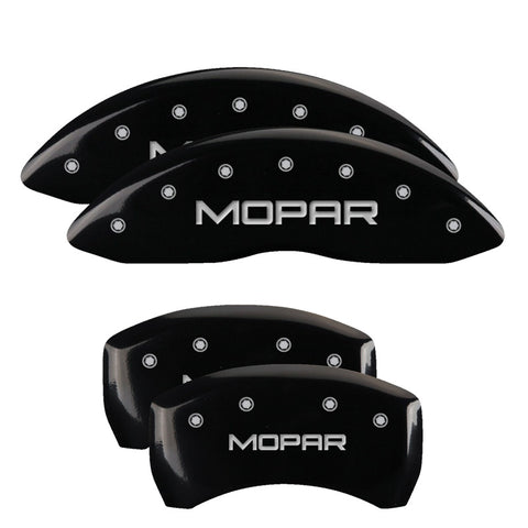 MGP 4 Caliper Covers Engraved Front & Rear Mopar Black Finish Silver Char 2017 Chrysler Pacifica - 32025SMOPBK