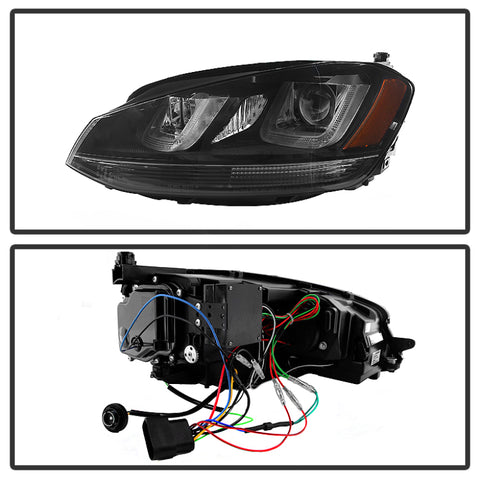 Spyder Volkswagen Golf VII 14-16 Projector Headlights DRL LED Blk Stripe Blk PRO-YD-VG15-BLK-DRL-BK - 5080578