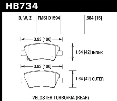 Hawk 13-16 Hyundai Veloster / 13-16 Hyundai Elantra Performance Ceramic Rear Brake Pads - HB734Z.584