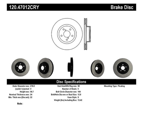 Stoptech 98-02/02 Subaru Forester/98-10 Impreza CRYO Rotor - 120.47012CRY