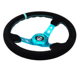 NRG Reinforced Steering Wheel (350mm/ 3in. Deep) Black Suede/ Teal Center Mark/ Teal Stitching - RST-006S-TL