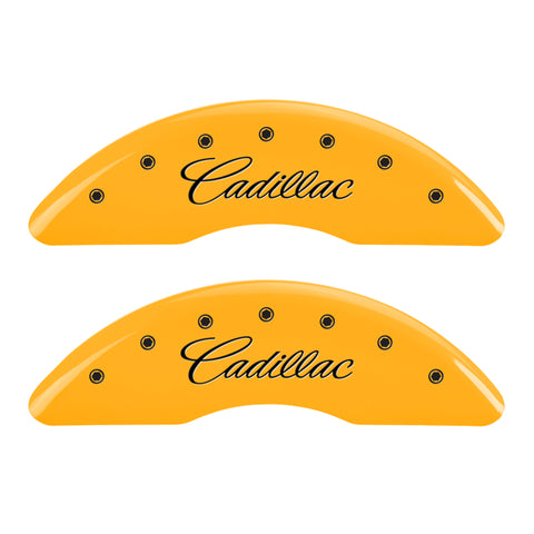 MGP 4 Caliper Covers Engraved Front Cursive/Cadillac Engraved Rear CTS Yellow finish black ch - 35024SCTSYL