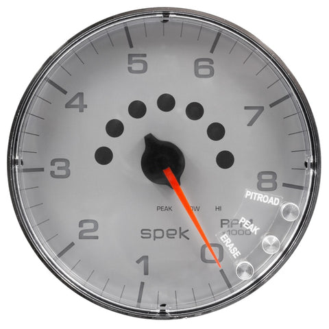 Autometer Spek-Pro Gauge Tachometer 5in 8K Rpm W/Shift Light & Peak Mem Silver/Chrome - P238218