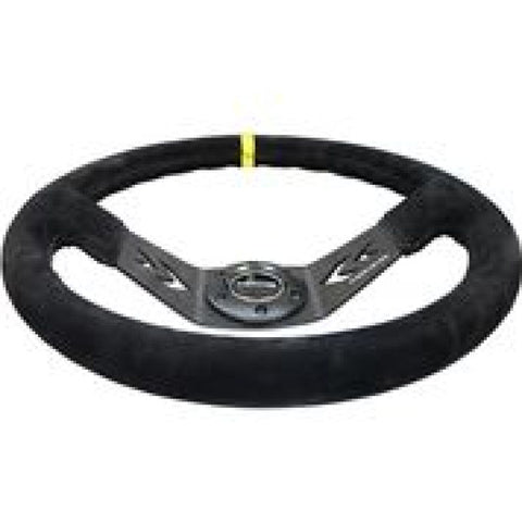 NRG Reinforced Steering Wheel (350mm / 3in. Deep) Blk Suede w/NRG Arrow Cut 2-Spoke & Yellow Mark - RST-022S-Y