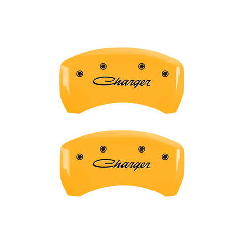 MGP 4 Caliper Covers Engraved Front & Rear Cursive/Charger Yellow finish black ch - 12162SCHSYL