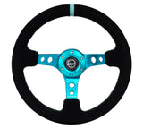 NRG Reinforced Steering Wheel (350mm/ 3in. Deep) Black Suede/ Teal Center Mark/ Teal Stitching - RST-006S-TL