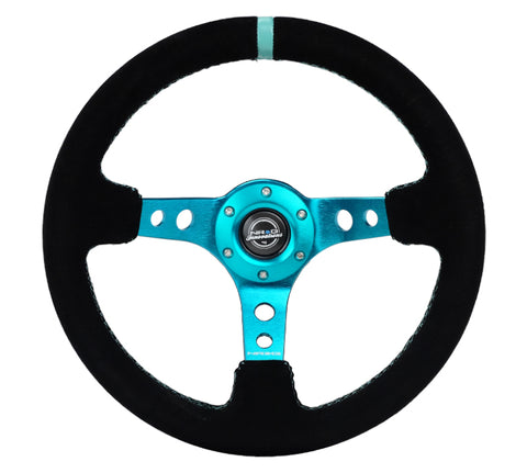 NRG Reinforced Steering Wheel (350mm/ 3in. Deep) Black Suede/ Teal Center Mark/ Teal Stitching - RST-006S-TL