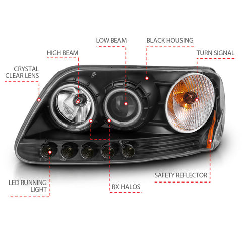 ANZO 1997-2003 Ford F-150 Projector Headlights w/ Halo Black (CCFL) - 111097