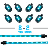 XK Glow Strips Single Color XKGLOW LED Accent Light Motorcycle Kit Light Blue - 8xPod + 2x8In - XK034001-AB