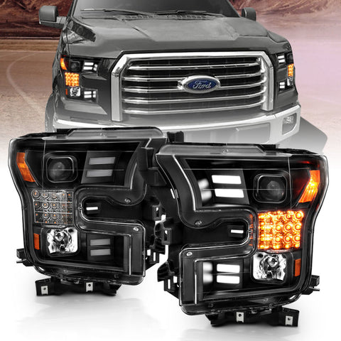 ANZO 15-17 Ford F-150 Project Headlights w/ Plank Style Design Black w/ Amber Sequential Turn Signal - 111408