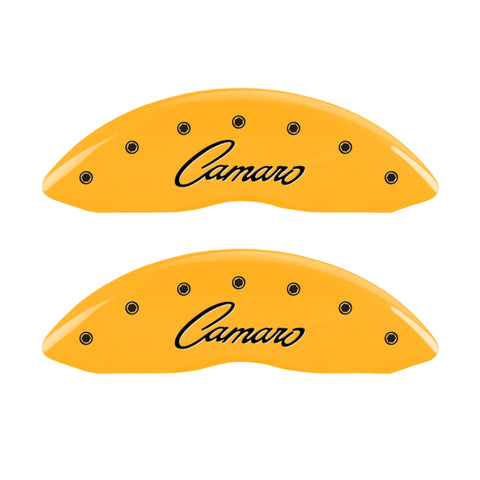 MGP 4 Caliper Covers Engraved Front & Rear Cursive/Camaro Yellow finish black ch - 14033SCCSYL