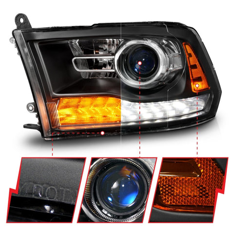 ANZO 09-18 Dodge Ram 1500/2500/3500 LED Plank Style Headlights Switchback + Sequential - Matte Black - 111609