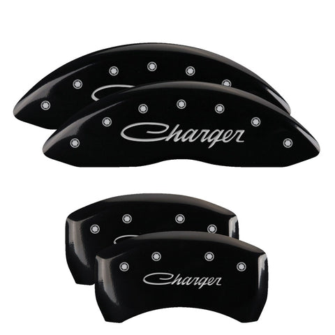 MGP 4 Caliper Covers Engraved Front Cursive/Challenger Engraved Rear RT Black finish silver ch - 12001SCLRBK