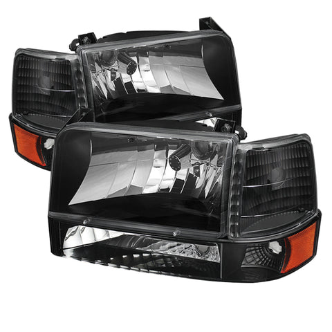 Xtune Ford F150/Bronco 92-96 Headlights w/Corner Bumper 6pcs Amber- Black HD-JH-FB92-SET-AM-BK - 5073136