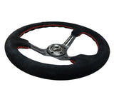 NRG Reinforced Steering Wheel (350mm / 3in. Deep) Blk Suede w/Red Stitching & 5mm Spokes w/Slits - RST-018S-RS