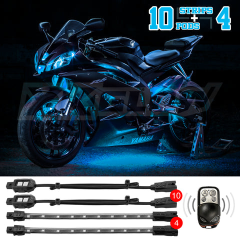 XK Glow Strips Single Color XKGLOW LED Accent Light Motorcycle Kit Light Blue - 10xPod + 4x8In - XK034002-AB