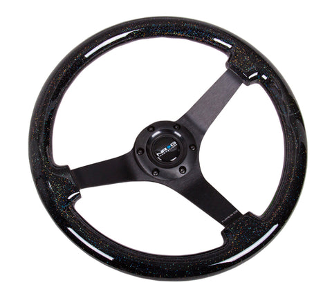 NRG Reinforced Steering Wheel (350mm / 3in Deep) Classic Blk Sparkle Wood Grain w/Blk 3-Spoke Center - RST-036BSB-BK