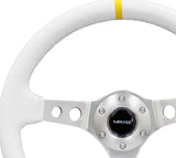 NRG Reinforced Steering Wheel (350mm / 3in. Deep) Wht Leather w/Silver Spoke & Single Yellow Mark - RST-006WT-Y