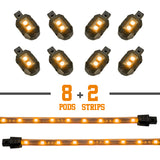 XK Glow Strips Single Color XKGLOW LED Accent Light Motorcycle Kit Amber - 8xPod + 2x8In - XK034001-A