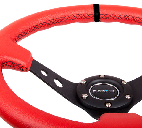 NRG Reinforced Steering Wheel (350mm / 3in. Deep) Red Suede w/Blk Circle Cutout Spokes - RST-006S-RR