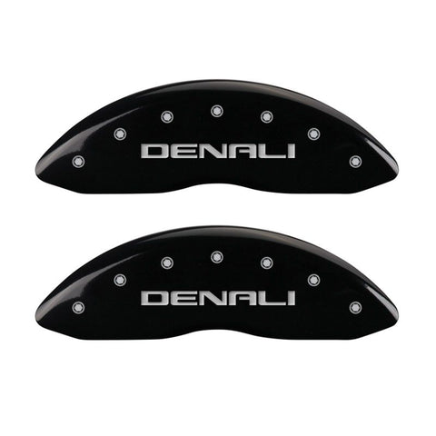 MGP 4 Caliper Covers Engraved Front & Rear Denali Black Finish Silver Char 2017 GMC Canyon - 34209SDNLBK