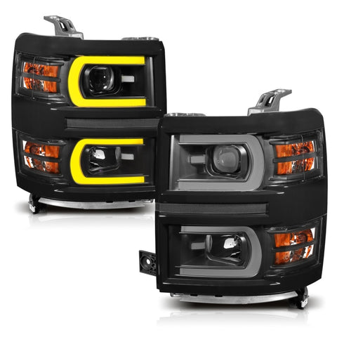 ANZO 14-15 Chevrolet Silverado 1500 Projector Headlights w/ Plank Style Switchback Black w/ Amber - 111412