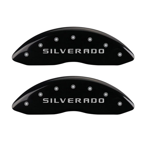 MGP 4 Caliper Covers Engraved Front & Rear Silverado Black finish silver ch - 14005SSILBK