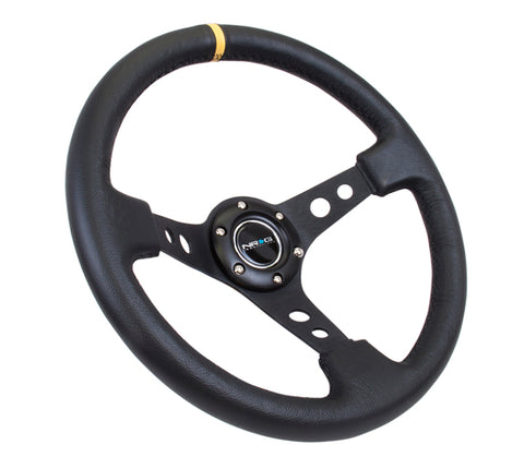 NRG Reinforced Steering Wheel (350mm / 3in. Deep) Blk Leather w/Blk Cutout Spoke/Yellow Center Mark - RST-006BK-Y