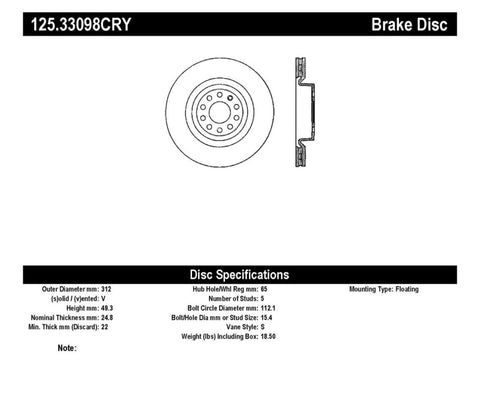 Stoptech 06-10 Audi A3 / 08-10 TT / 99-10 TT Quattro / 09 VW CC Front High Carbon CRYO-STOP Roto - 125.33098CRY