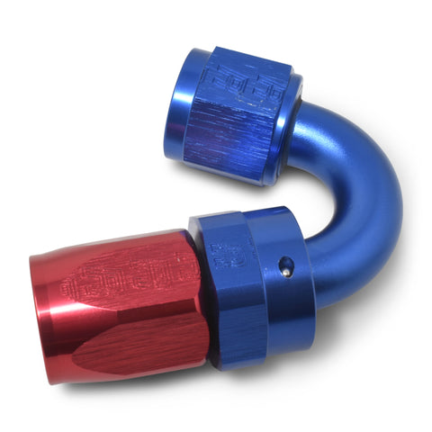 Russell Performance -10 AN Red/Blue 150 Degree Full Flow Swivel Hose End (With 15/16in Radius) - 613470