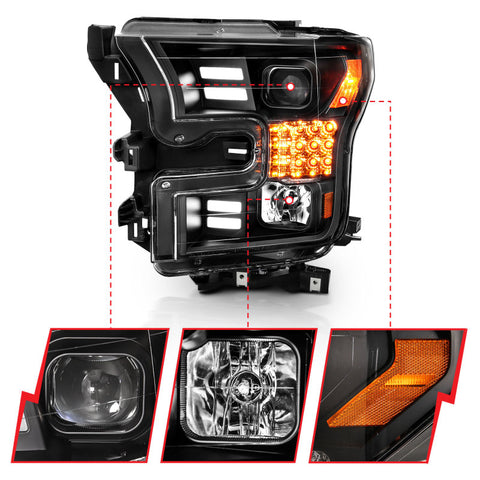 ANZO 15-17 Ford F-150 Project Headlights w/ Plank Style Design Black w/ Amber Sequential Turn Signal - 111408