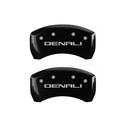 MGP 4 Caliper Covers Engraved Front & Rear Denali Black Finish Silver Char 2019 GMC Arcadia - 34212SDNLBK