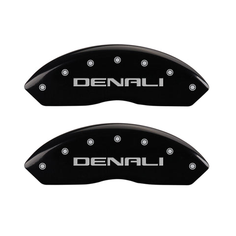 MGP 4 Caliper Covers Engraved Front & Rear Denali Black Finish Silver Char 2019 GMC Arcadia - 34212SDNLBK