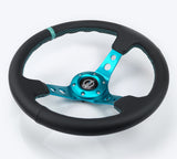 NRG Reinforce Steering Wheel (350mm / 3in. Deep) Blk Leather, Teal Center Mark w/ Teal Stitching - RST-006TL