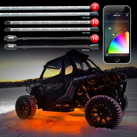 XK Glow Million Color XKCHROME App Controlled Offroad UTV Kit 2x24In Tube + 10x12In Tube + 16xPods - XK-UTV-STA