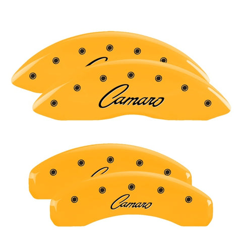 MGP 4 Caliper Covers Engraved Front & Rear Cursive/Camaro Yellow finish black ch - 14033SCCSYL