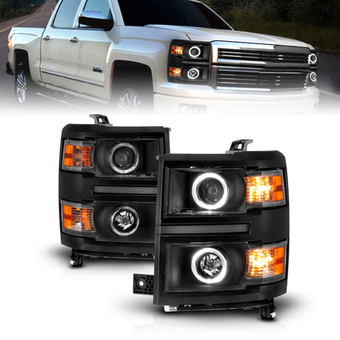 ANZO 14-15 Chevrolet Silverado 1500 Projector Headlights w/ Halo Black Housing w/ Black Trim - 111583