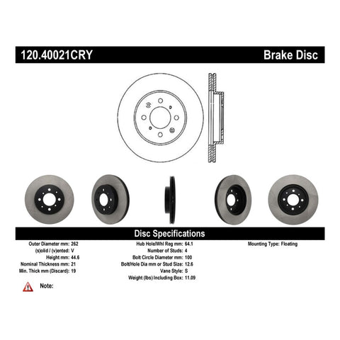 Stoptech Acura & Honda Civic/Del Sol Front CRYO-STOP Rotor - 120.40021CRY