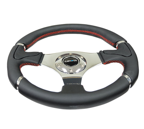 NRG Reinforced Steering Wheel (320mm) Blk Leather/Red Stitching w/Chrome 3-Spoke Center - RST-008R