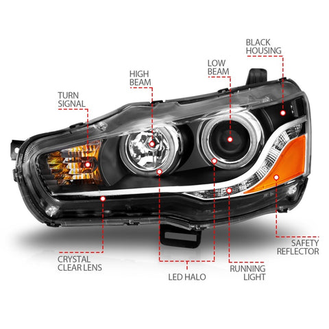 ANZO 2008-2015 Mitsubishi Lancer Projector Headlights w/ Halo Black (CCFL) - 121428