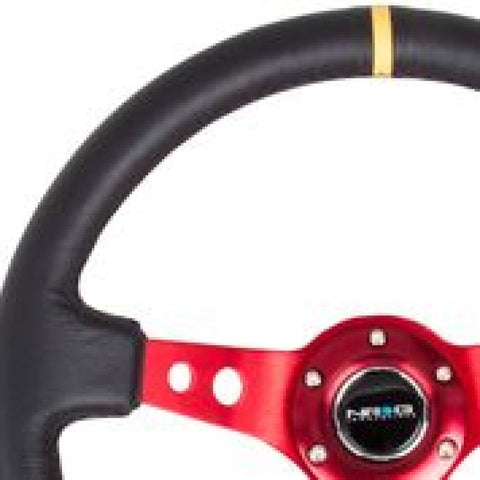 NRG Reinforced Steering Wheel (350mm / 3in. Deep) Blk Leather w/Red Spokes & Sgl Yellow Center Mark - RST-006RD-Y