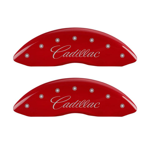 MGP 4 Caliper Covers Engraved Front Cursive/Cadillac Engraved Rear CTS Red finish silver ch - 35013SCTSRD