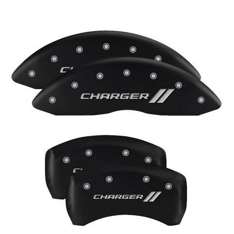 MGP 4 Caliper Covers Engraved Front & Rear Cursive/Challenger Black finish silver ch - 12181SCLSBK