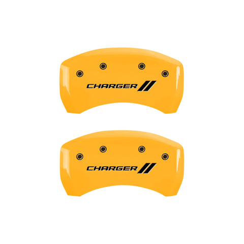 MGP 4 Caliper Covers Engraved Front & Rear With stripes/Charger Yellow finish black ch - 12162SCH1YL