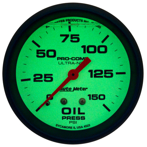 Autometer Ultra-Nite 2-5/8in 0-150 PSI Liquid Filled Mechanical Glow In Dark Oil Pressure Gauge - 4223