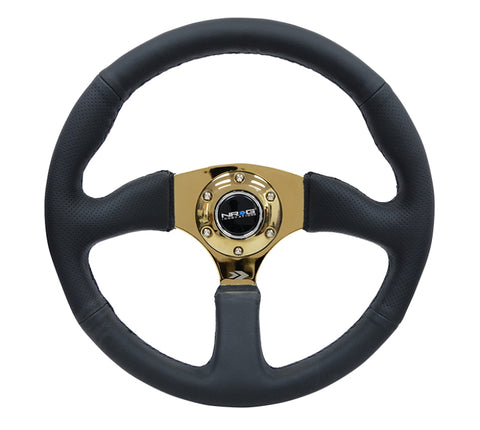 NRG Reinforced Steering Wheel (350mm / 2.5in. Deep) Leather Race Comfort Grip w/4mm Gold Spokes - RST-023GD-R