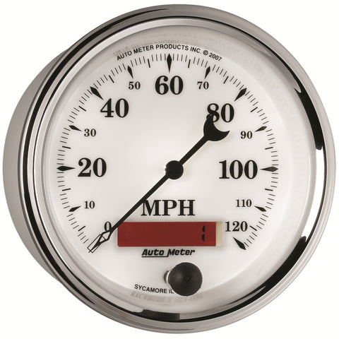 AutoMeter Gauge Speedometer 3-3/8in. 120MPH Elec. Prog. W/ Lcd Odo Old Tyme Wht II - 1287