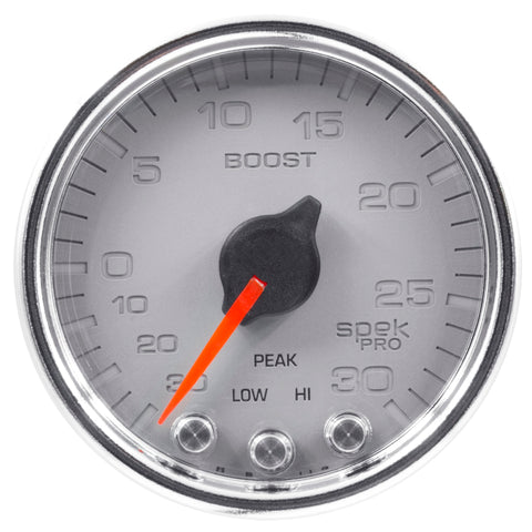 Autometer Spek-Pro Gauge Vac/Boost 2 1/16in 30Inhg-30psi Stepper Motor W/Peak & WarnSilver/Chrome - P30221