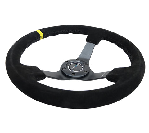 NRG Reinforced Steering Wheel (350mm / 3in. Deep) Blk Suede/X-Stitch w/5mm Blk Spoke & Yellow CM - RST-036MB-S-Y